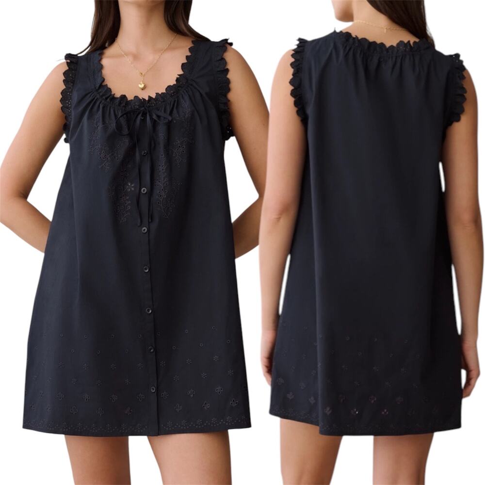 Few Moda Caroline Cotton Mini Black Dress Front Tie Lace Floral Eyelet Size S